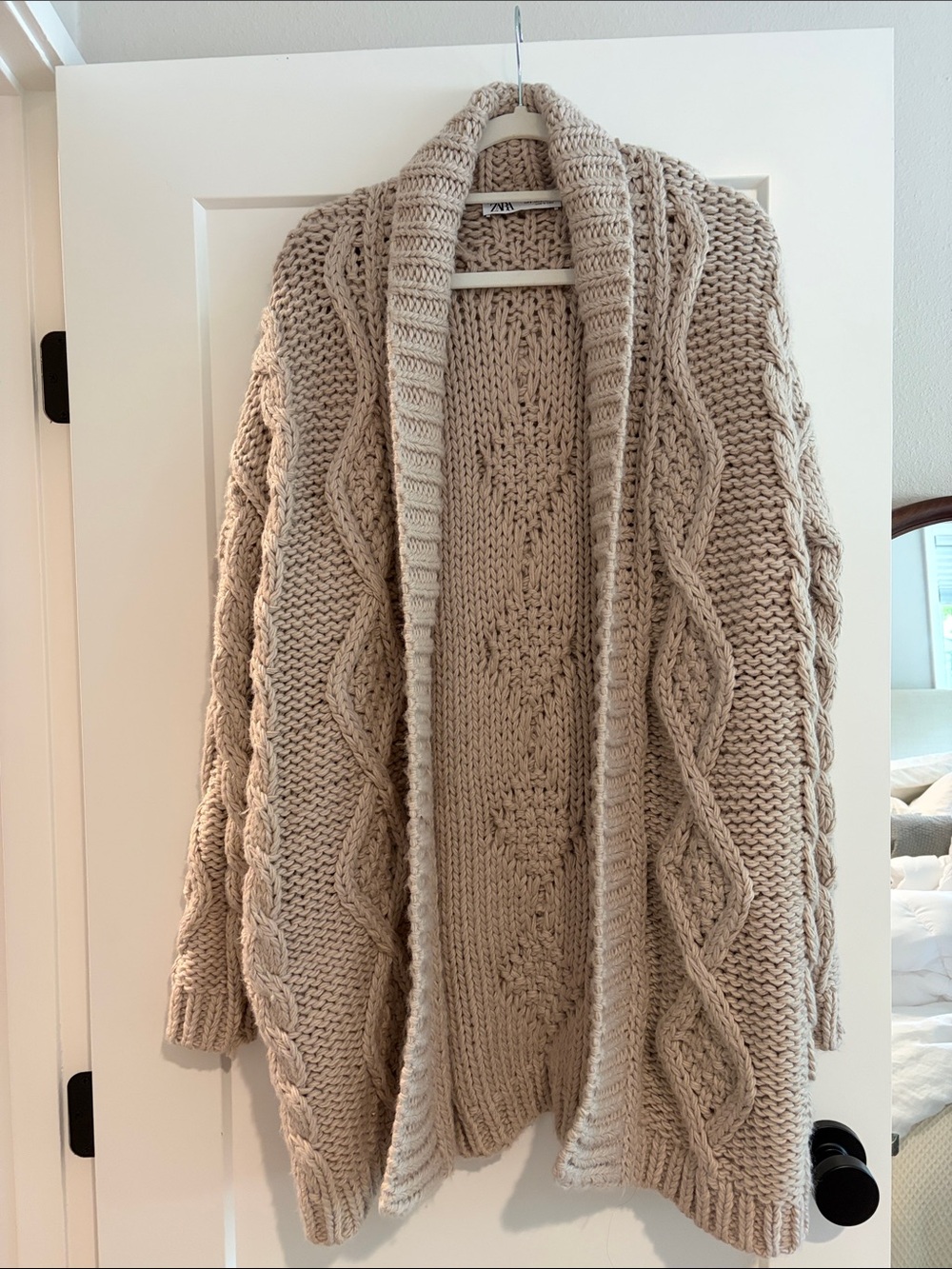 Zara Chunky Cable Knit Open-Front Cardigan - Beige